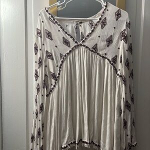 Free People White Blouse with Brown Embroidery